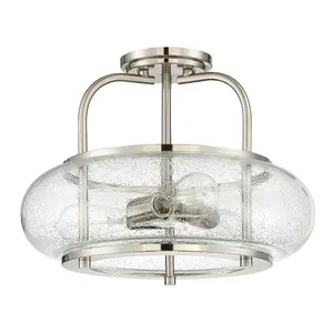 Semi Flush 3 Light Clear Seeded Glass Shade Brushed Nickel LED E27 60W