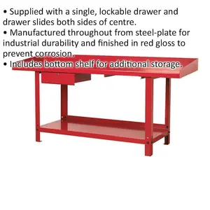 Heavy-Duty 2m Steel Workbench with Lockable Drawer and Bottom Shelf Storage