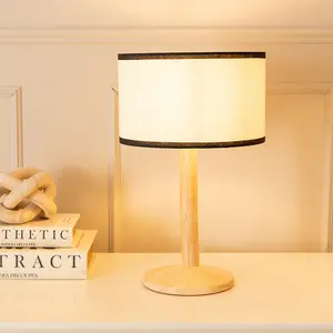 ValueLights Triston Natural Light Wood Stem Table Lamp with Linen Black Trim Drum Lamp Shade and LED Bulb