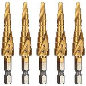 Rennie Tools Pack Of 3 x 3-12mm HSS Spiral Flute Step Drill Bit Titanium (TiN) Coated Cone / Hole Cutter For Steel Plastics & Wood