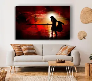 Red Sunset Ocean Walk Canvas Print Wall Art - Medium 20 x 32 Inches