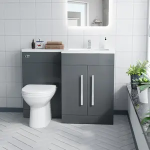 Nes Home Melbourne 1100mm Bathroom Right Hand Grey Gloss Bathroom Basin Vanity Unit With BTW Toilet