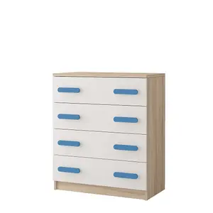 Serene Oak Sonoma and White Chest H930mm W800mm D400mm - Blue Handles for Calming Spaces