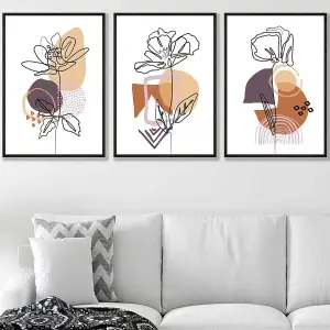 Set of 3 Line Art Flowers on Purple Orange Boho Shapes Wall Art Prints / 50x70cm / Black Frame