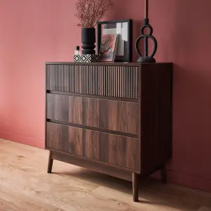 sweeek. 3-drawer chest with grooved wooden detail Linear Dark wood colour 80x40x80 cm