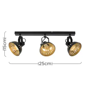 ValueLights Smedley 3 Way Black Ceiling Bar Spotlight and E27 Radio Valve LED 4W Warm White 2700K Bulbs