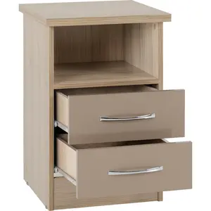 Cascio 2 Drawer Bedside Table Oyster Gloss/Light Oak Effect Veneer