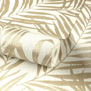 Grandeco Maui Palm Frond Leaf Textured Wallpaper, Neutral Gold