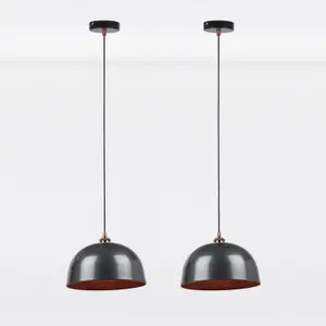 First Choice Lighting Pair of Industrial Nickel with Copper Detail Dome Pendants