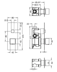 Concealed Square Push Button 1 Outlet Valve & Slide Rail Kit Shower Bundle Set - Chrome - Balterley