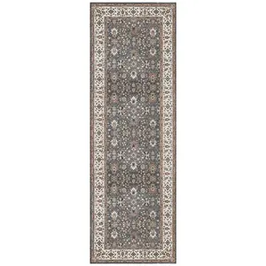 Beige Bordered Floral Rug For Bedroom, & Living Room, 7mm Thick Stain-Resistant Traditional Rug - 60cm X 180cm