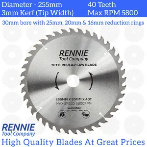 255mm x 40T TCT Circular Wood Saw Blade. Fits Bosch Makita Dewalt Circular Saws Etc