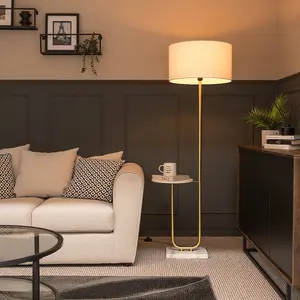 ValueLights Tavel Brushed Gold Floor Lamp with Table and Neutral Shade