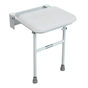 Compact Folding Shower Seat with Support Legs - White Padded Seat - Wall Mounted