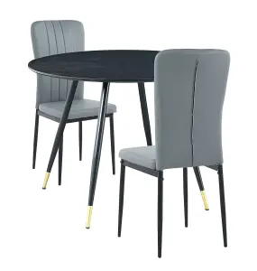 Hallowood Furniture Finley Small Round Dining Table in Black Finish with 2 Light Grey Faux Leather Chairs