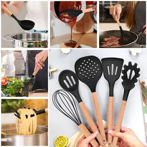 36Pcs Silicone Kitchen Utensil Set, Wooden Handle Cooking Utensils Spatula Set With Holder, Heat Resistant Kitchen Tools Safe For Non-Stick Cookware, Non-Toxic & Easy Clean, Black