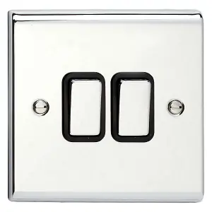 Deta SD1204CHB Light Switch 10 Amp 2 Gang 2 Way (Polished Chrome / Black Insert)