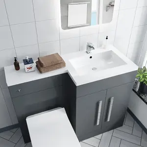 Nes Home Melbourne 1100mm Bathroom Right Hand Grey Gloss Bathroom Basin Vanity Unit With BTW Toilet