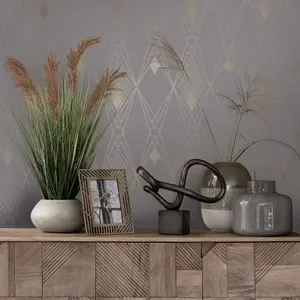 Next Deco geometric Grey Metallic effect Smooth Wallpaper