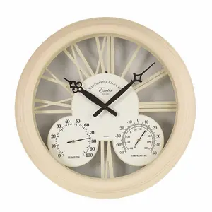 Cream Exeter Wall Clock with Thermometer & Hygrometer - Battery Powered Indoor or Outdoor Quartz Clock with Roman Numerals