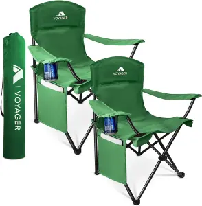 Voyager Folding Camping Chair 2-Pack, Lightweight with Pocket and Drinks Holder - Green