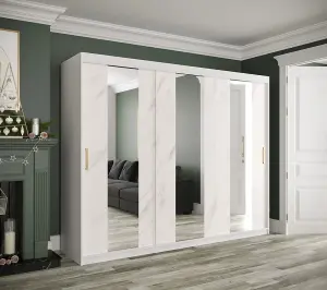 Stylish White Geneva Sliding Door Wardrobe W2500mm H2000mm D620mm - Mirrored Doors, Gold Handles, Spacious Storage