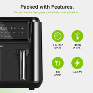 VonShef Dual Air Fryer 9L - Double Large Family Size, XL Capacity, 2 Drawers, 12-In-1 Presets, LED Display, 2400w - Black