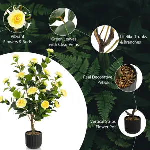 Costway Artificial Camellia Tree Faux Flower Plant Pot Artificial Tree 24 Yellow Flowers