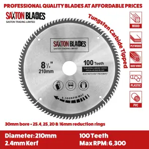 Saxton TCT216100T Saxton TCT Circular Wood Saw Blade 216mm x 100 Teeth x 30mm Bore + 16, 20 and 25mm Rings