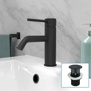 Nes Home Matt Black Deck Mounted Round Single Lever Basin Mono Tap with Waste