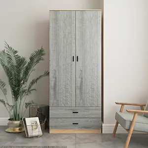 URBNLIVING 180cm Tall 2 Door Wardrobe Oak Carcass and Ash Grey Drawers With 2 Drawers Bedroom Storage Hanging Bar Clothes