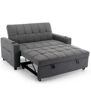 Hudson 2-Seater Sofa Bed Linen Fabric With Cup Holders Grey