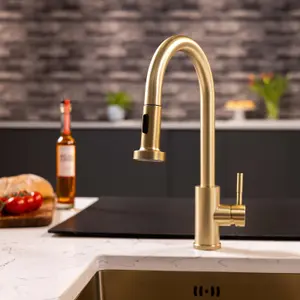 Flode Runda Kitchen Sink Mixer with Pull out Spray Brushed Brass Round Head