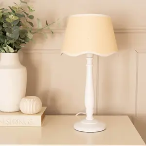 ValueLights Victoria White Wood Candlestick Table Lamp with Linen Scallop White Trim Tapered Shade