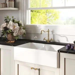 Fireclay Kitchen Bundle - Double Bowl Stepped Weir Butler Sink, Wastes & French Classic Tap, 795mm - Brushed Brass - Balterley