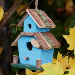 Blue Two Tier Bird House Decorative Garden Bird Nesting Birdbox Handmade Garden Rustic Birdwatching Gift Idea