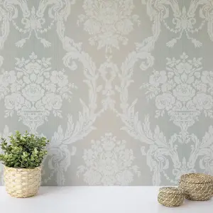 Seabrook Floral Damask Stria Sage Wallpaper Acrylic Coated Paper Traditional