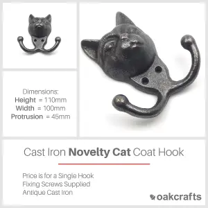 Oakcrafts - Antique Cast Iron Novelty Cat Coat Hook - 110mm x 100mm