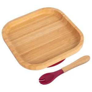 Bamboo Square Baby Weaning Plate & Fork Set - Red