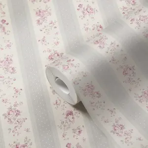 Galerie Maison Charme Grey Vintage Rose Stripe Motif Wallpaper Roll