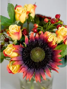 Bloom Artificial Sunflower And Rose Flower Arrangement in Vase - Faux Fake Floral Centrepiece Home Decoration - H32 x W36cm