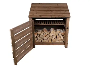 Slatted wooden log store with door and kindling shelf W-119cm, H-126cm, D-88cm - brown finish