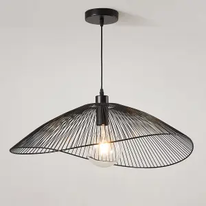 Contemporary Medium Black Pendant Ceiling Light. Decorative shade with curved metal threads, 65cm Diameter.  Adjustable height