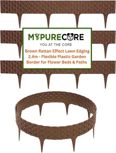 Flexible BrownRattan Effect Lawn Edging 2.4m - Flexible Plastic Garden Border Easy Install Edging for Grass, Gravel and Landscape