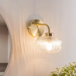 ValueLights Amaia Gold Wall Light Clear Ribbed Glass Shade IP44 Bathroom