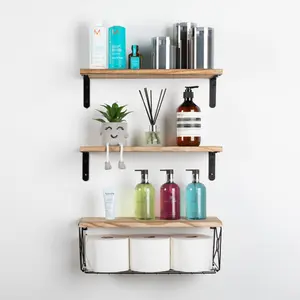 Floating Shelf Wall Mounted 3 Wood Shelves With Metal Basket