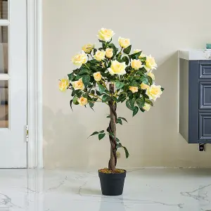 Yellow Artificial Plant Realistic Rose Flower Tree Fake Plant House Plant in Black Pot H 90 cm