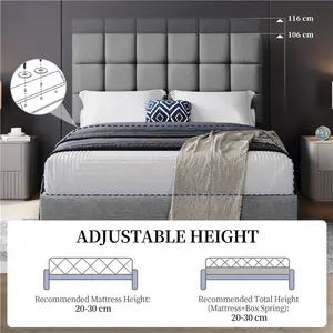 Size Modern Upholstered Bed Frame with Square Tufted Headboard Light Grey / Double (4'6)