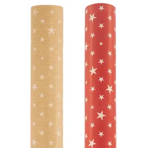 Festive Kraft Wrapping Paper with Red and Natural Star Designs - 4 Pack