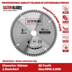 Saxton TCT16580TSK TCT Circular Saw Blade 165mm x 80 teeth x 20mm Bore & 16mm Ring